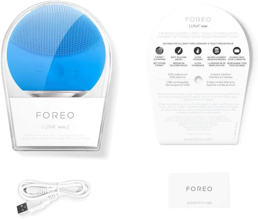 FOREO LUNA mini 2 Facial Cleansing Brush - Travel Accessories - Face Massager Electric - All Skin Types Ultra-hygienic Skincare - Simple Face Wash - Silicone Electric Face Cleanser - Aquamarine